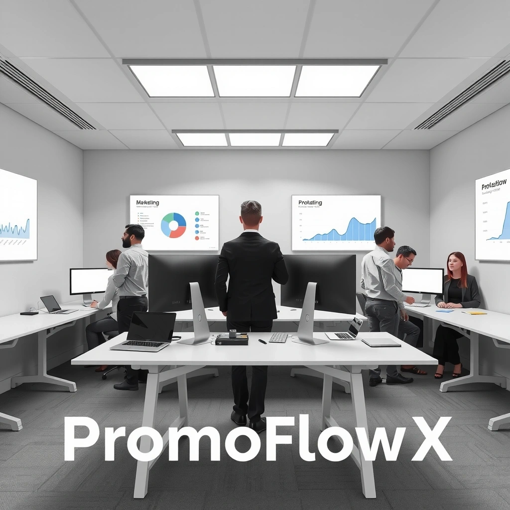 PromoFlowX professional team in modern office environment showcasing diverse marketing professionals working collaboratively with laptops, charts, and innovative workspace design